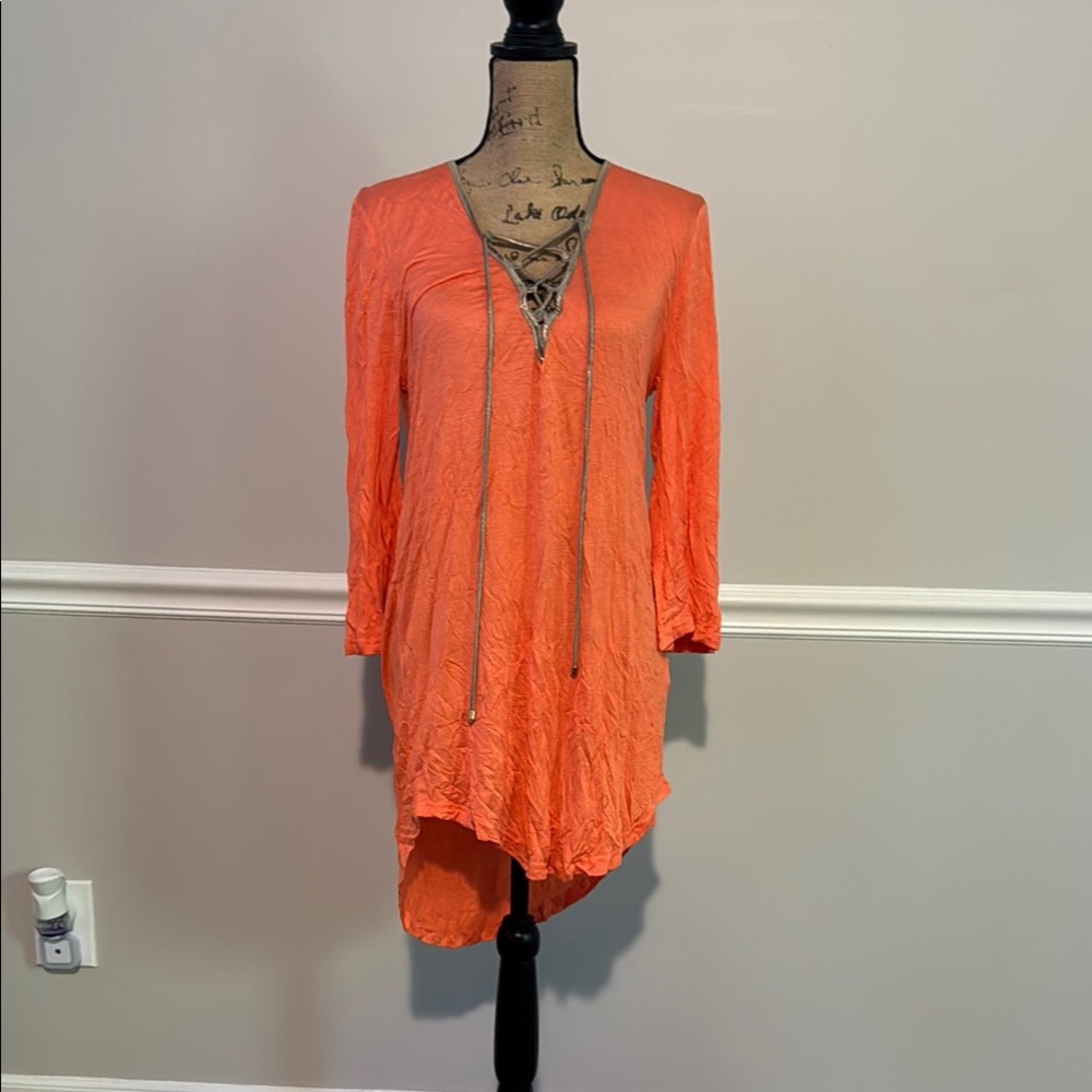VENUS Vibrant Orange Top with Lace-Up Design cover up size small